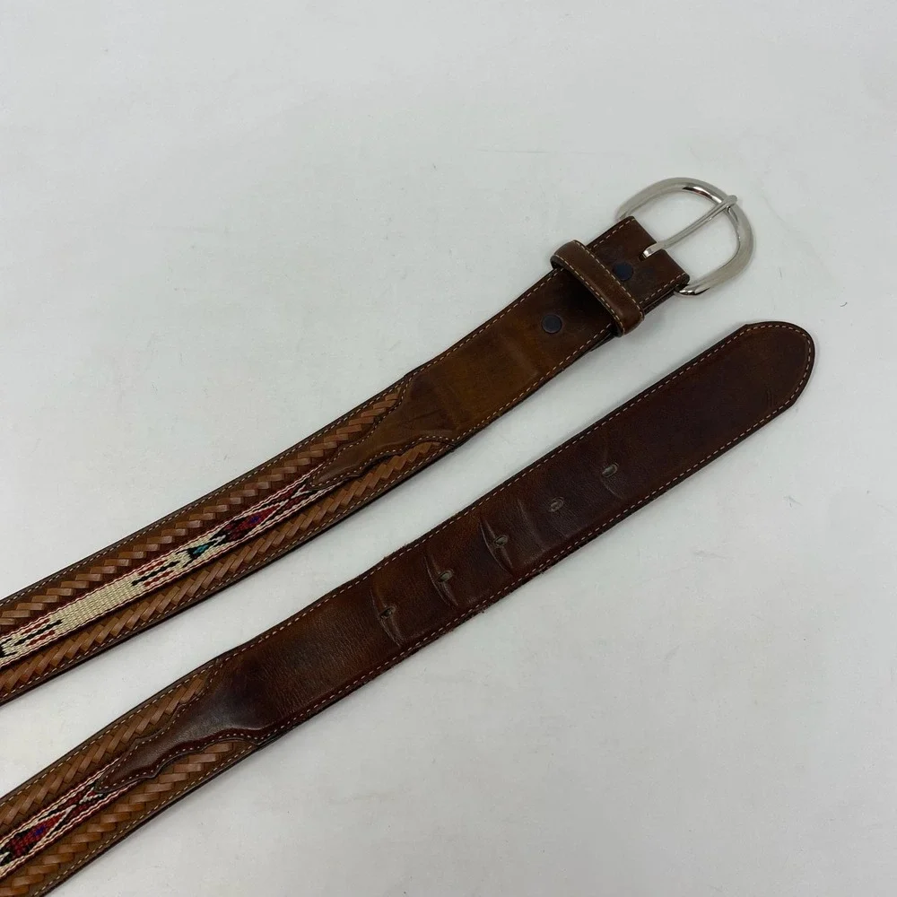 Vtg Silver Creek Belt Mens 46 Brown Leather Woven Native Embroidery Southwestern